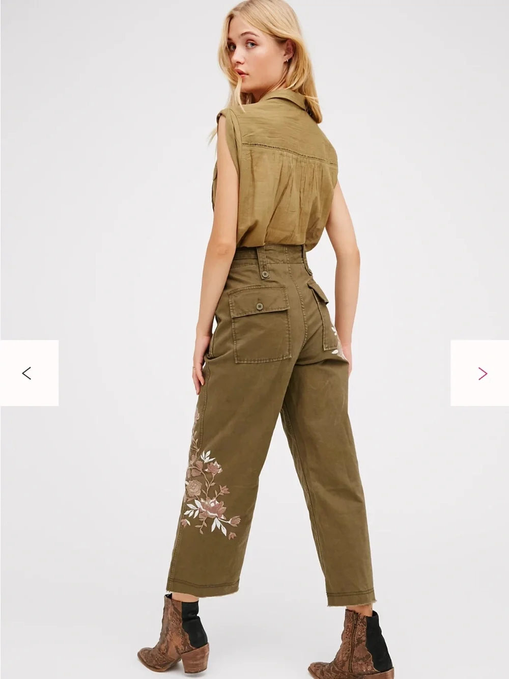 Free People Keep It Real Military Pant Olive Embroidered Floral Cropped Wide Leg